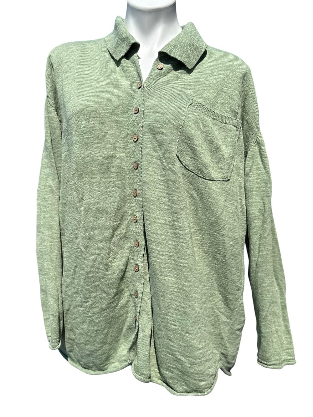 Free People Beach Oversized Green Button Up Linen Blend Sweater Medium - Picture 5 of 13